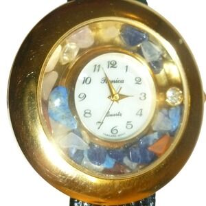 Ronica Vintage Gold Tone Floating Gemstone Chips Quartz Watch New Battery